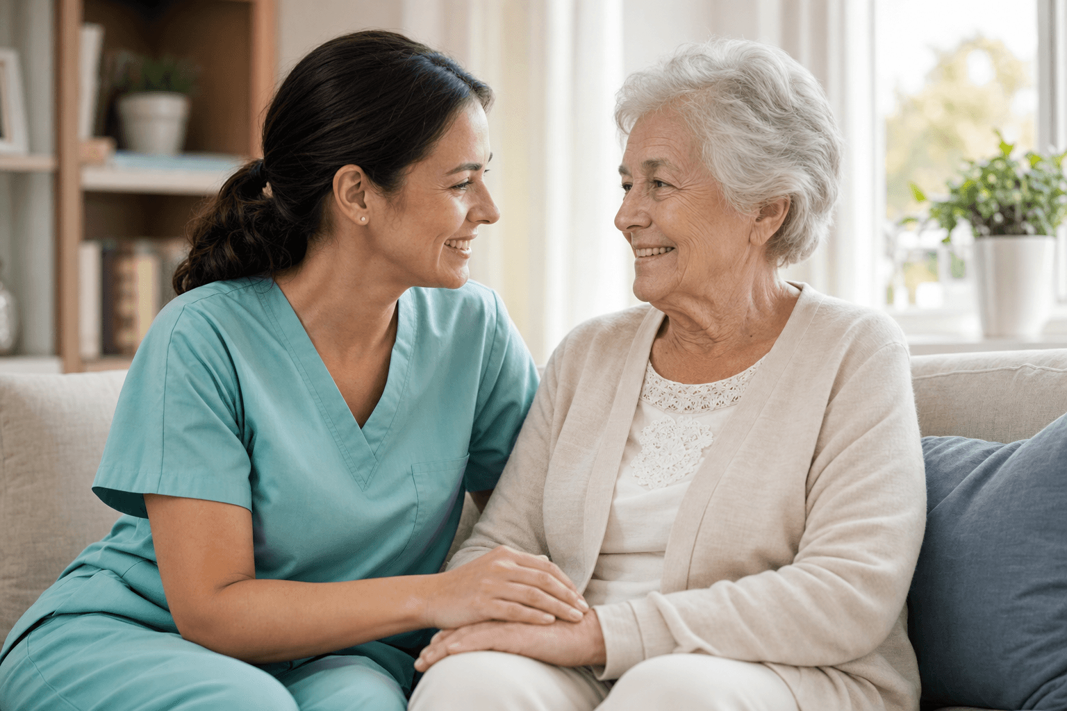 A caregiver gently supporting an older adult at home